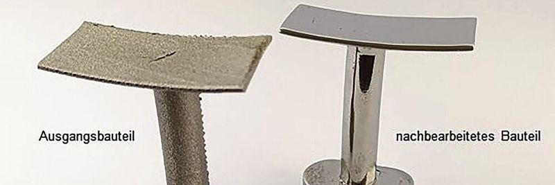 Bild 1: Mithilfe des Tauchgleitläppens nachbearbeite Oberflächen (rechts) einer additiv gefertigten Staudrucksonde aus der martensitischen Stahllegierung 1.2709.