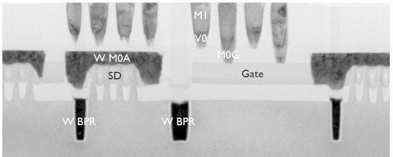 Hochauflösende Transmissionselektronenmikroskopie (TEM) macht die winzigen Strukturen in modernen Chips sichtbar. Dieser Querschnitt durch einen FinFET im Silizium-Substrat zeigt unter anderem integrierte W-BPR-Linien („vergrabene Stromführungen“).