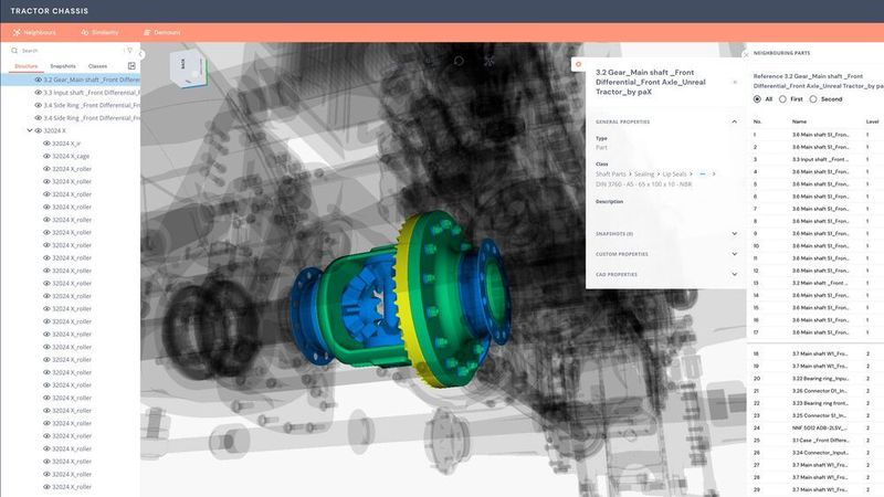 Mit dem Spreadtwin werden Nachbarschaftsteile und deren Eigenschaften analysiert. Damit können Anwender Teile und Komponenten innerhalb all ihrer Produkte such und diese standardisieren, um die Komplexität zu reduzieren.