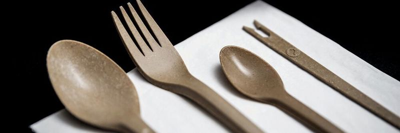 Refork utensils based on bio-resins include a selection of forks, knives and spoons.