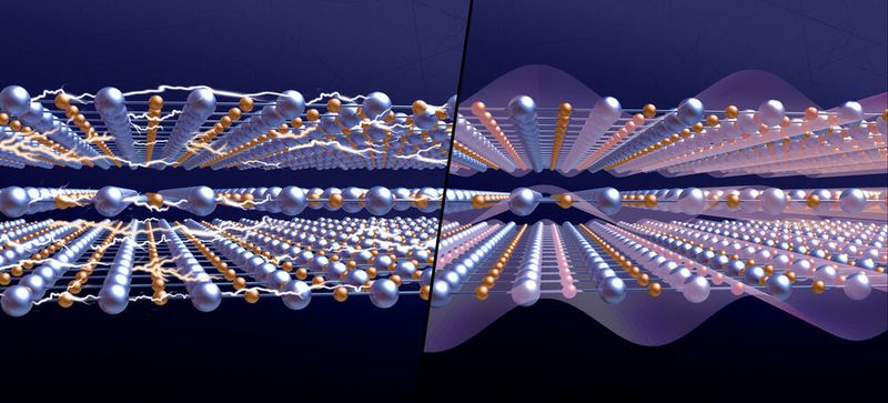 On the left panel, the copper-oxide planes of the material YBCO are presented in the strange metal phase, where the strong interaction between electrons, the 'quantum entanglement', is illustrated as lightning. On the right panel, the same planes are presented when the charge density waves appear. The symmetry of the system is reduced by the appearance of these local modulations of the conducting electrons, which cause the suppression of the strange metal phase.