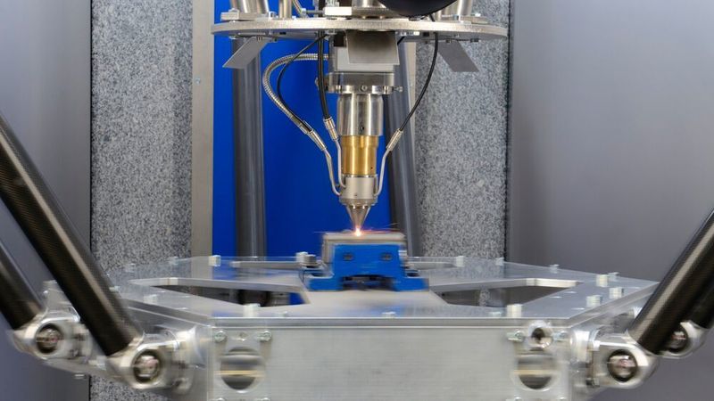 Mit dem EHLA 3D-Verfahren will das Fraunhofer ILT Hochgeschwindigkeits-3D-Druck mittels Laserauftrag erreichen. Das Konzept dafür basiert auf dem kinematischen Prinzip des Tripoden. Die Bauplattform kann sehr schnelle und präzise Bewegungen ausführen, ohne dass dabei große Schwingungen auftreten.