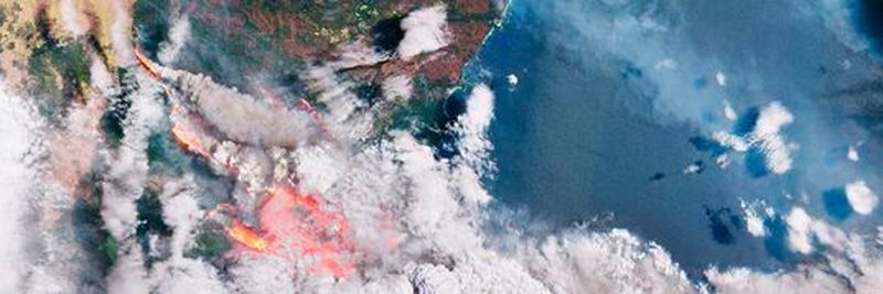 Bushfires on December 31, 2019 burning along the east coast of Australia. The brown area is burned vegetation with a width of about 50 km and a length of 100 km.