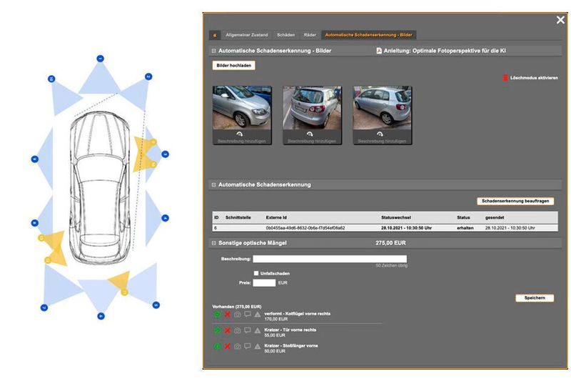 Die Fahrzeugfotos sollten aus allen Blickwinkeln angefertigt werden – eine Anleitung zur idealen Aufnahme unterstützt hierbei. Die Schäden aus der automatischen Erkennung werden anschließend in einer Übersicht aufgelistet.