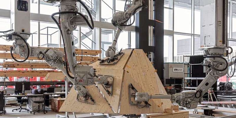 Vier Robotarme nehmen im Gleichtakt Holzplatten auf und platzieren sie gemäß Computerentwurf im Raum.