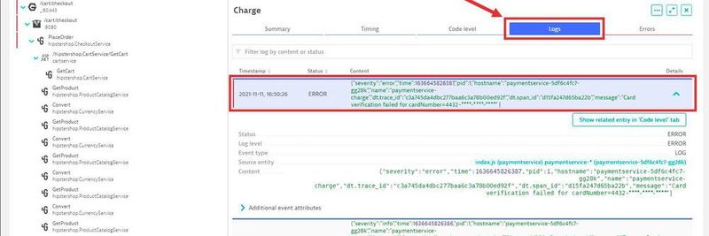 Die Dynatrace-Plattform bricht in verteilten Umgebungen bis auf den Code hinunter, wo spezifischer Log-Eintrag entstanden ist.
