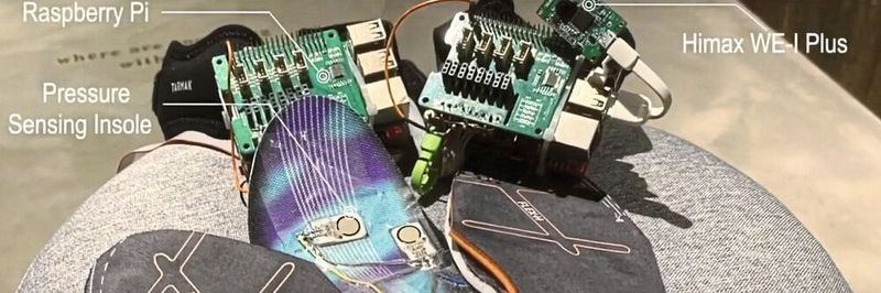 Trio zur Früherkennung von Parkinson: Sensorbestückte Schuheinlagen, ein Board zur Vibrationserfassung und ein Raspberry Pi zur Auswertung der Echtzeitdaten.
