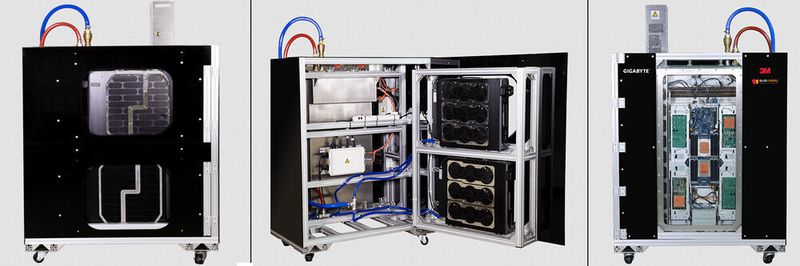 Zum Testen der eigenen Server und der Immersionskühlung von Liquifstack hat Gigabyte einen 'Pod' entwickkelt. Darain passen 2HE-'Standardserver".
