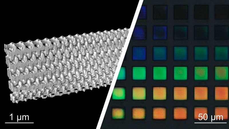 Elektronenmikroskopische Rekonstruktion einer 3-D-Nanostruktur, die mit dem Zwei-Stufen-Verfahren gedruckt wurde (links) sowie lichtmikroskopische Aufnahme (rechts).