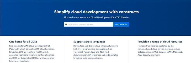 Der AWS Construct Hub (hier die Startseite) soll Developern helfen, nützlich Constructs zu erhalten und selbst zu verbreiten.