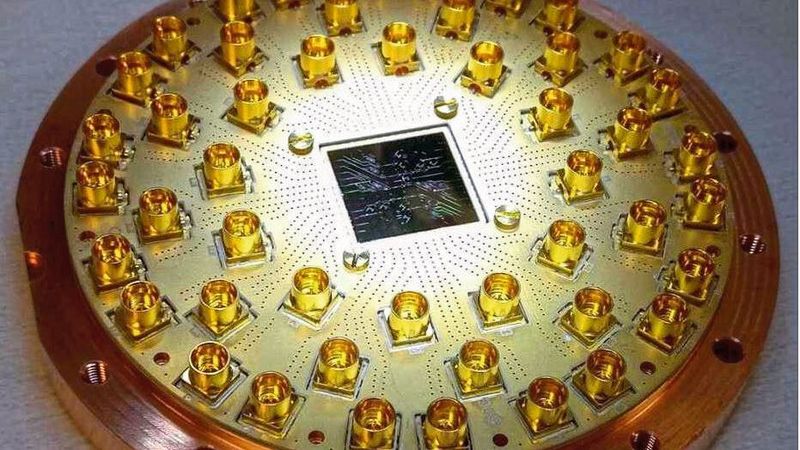 Der Quantencomputer-Chip, der bei den Versuchsreihen zum Einsatz kam. Forschenden der ETH Zürich konnten erstmals Fehler in Quantensystemen soweit automatisch korrigieren, dass die Ergebnisse der Quantenoperationen praktisch verwendet werden können.