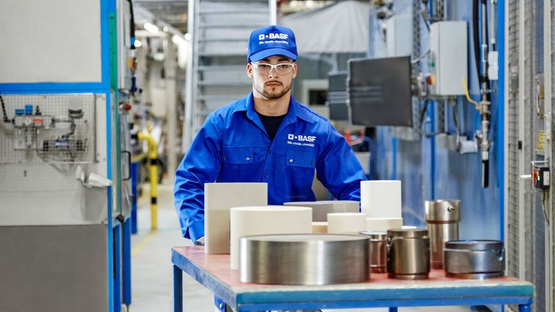 Ein Produktionsmitarbeiter transportiert eine Auswahl der in Nienburg produzierten Katalysatoren.
