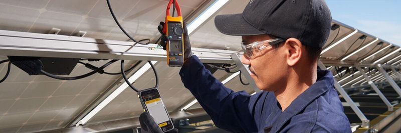 Fehlersuche an Photovoltaikanlagen: Mit der Strommesszange Fluke 393 FC können Techniker in Solarparks bis zu 1.500 V an Gleichstromanlagen messen.