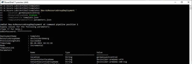 Eine erfolgreiche Template-Bereitstellung aus einer lokalen PowerShell-Core in Azure.