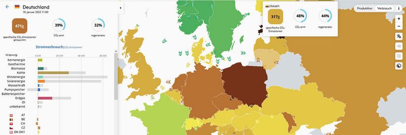 Die interaktive Karte „Electricity Map“ bietet aktuelle Informationen zum Strommix; hier: in Deutschland, gestern um 14:00 Uhr.