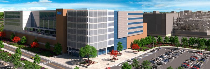 Renderaufnahme der geplanten neuen Intel-Anlage in Licking County, Ohio. Mit einer Startinvestition von zunächst 20 Mrd. US-$ hat Intel den Bau der ersten neuen, eigenen Fertigungsstätten im Herzen der Verinigten Staaten angekündigt.