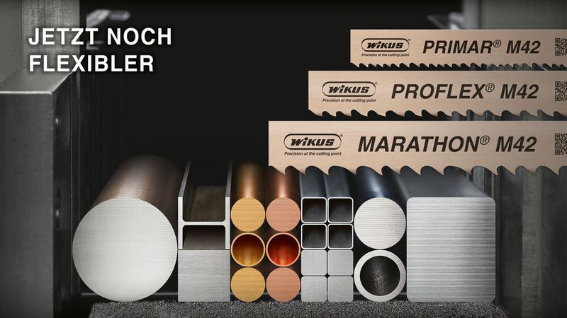 Die Hightech-Sägebänder MARATHON® M42, PROFLEX® M42 und PRIMAR® M42 decken künftig fast alle gängigen Bimetall-Anwendungen in den WIKUS-Leistungsleveln 1 und 2 ab.