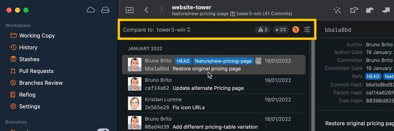 Durch das Vergleichen zweier Branches lassen sich Änderungen zwischen zwei Versionsdateien in Tower for Mac besser nachvollziehen.