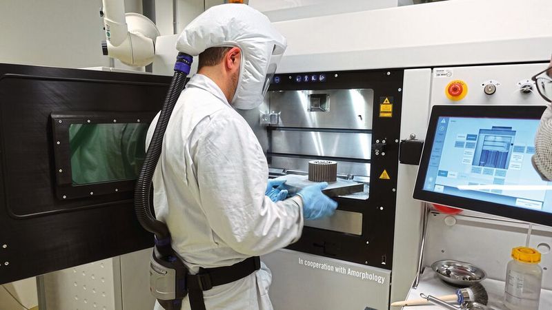 Ein Beispiel für ein im 3D-Druck realisiertes Bauteil aus amorphen Metallen ist ein Zahnrad. Nun wird an einer Eisenlegierung für Spulenkerne von Elektromotoren geforscht.
