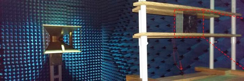 The researchers tested their metamaterial-based antenna in an anechoic chamber. The radio wave is sent out from the horn antenna on the left and received by the metasurface antenna mounted on the wood frame on the right.