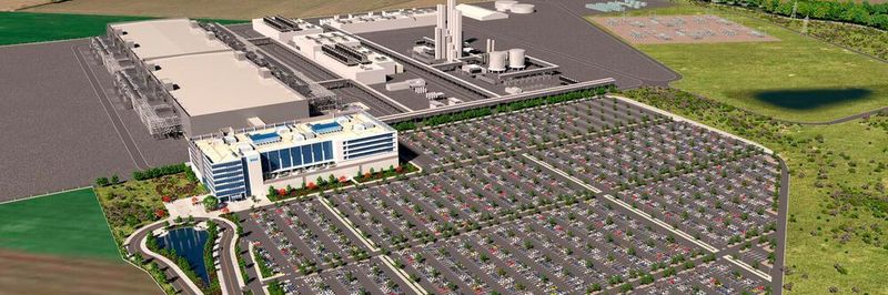 Gerenderte Luftansicht der geplanten Intel-Anlage in Magdeburg. Medienberichten zufolge soll Deutschland den Bau der 17 Mrd. teuren Anlage zu 30% fördern. Die genaue Höhe des Zuschusses hängt allerdings davon ab, wieviele Mittel die EU-Kommussion aus dem Geldtopf des EU Chips Act freigeben wird.