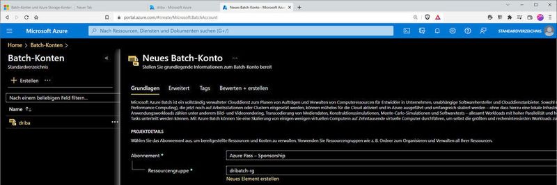 Für dieses Beispiel benötigen wir ein Batch-Konto auf Microsoft Azure.