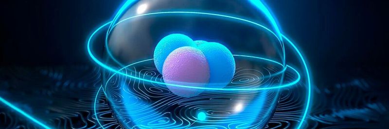 Antiprotonisches Heliumatom im superflüssigen Zustand, das in flüssigem Helium schwebt. Das Antiproton ist durch die Elektronenhülle des Heliumatoms geschützt und vermeidet so den sofortigen Zerfall.