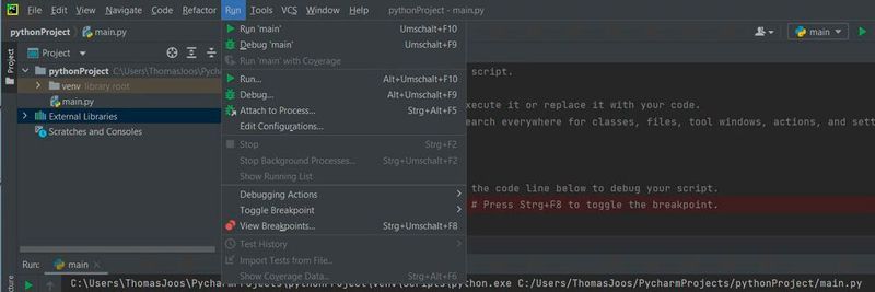 Starten des Debugging-Vorgans in der JetBrains-Entwicklungsumgebung PyCharm.
