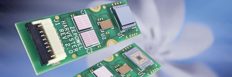 Autarke Energieversorgung: Die Zepowel-Harvester-Module mit Harvester (oben, U1), Energiewandler-ASIC (mitte, U2) und Energiespeicher (unten, C1 und C2).