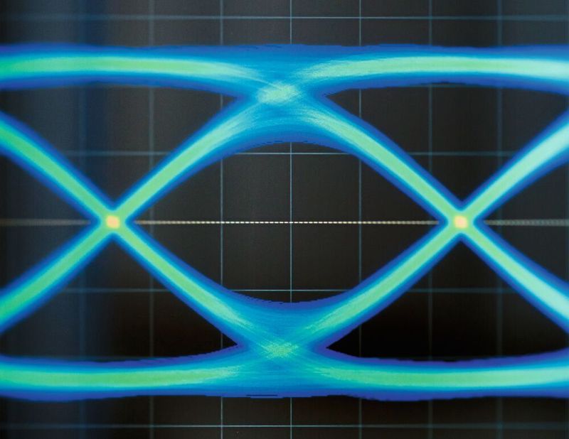 Highspeed-Verbindungsqualität lässt sich u. a. auf das validierte In-Situ-De-Embedding (ISD) von Ataitec mit einem R&S ZNB20 VNA testen. Das Bild zeigt ein beispielhaftes Testergebniss für die Verbesserung des Augendiagramms bei 10 GB/s NRZ-Daten mit EQ.