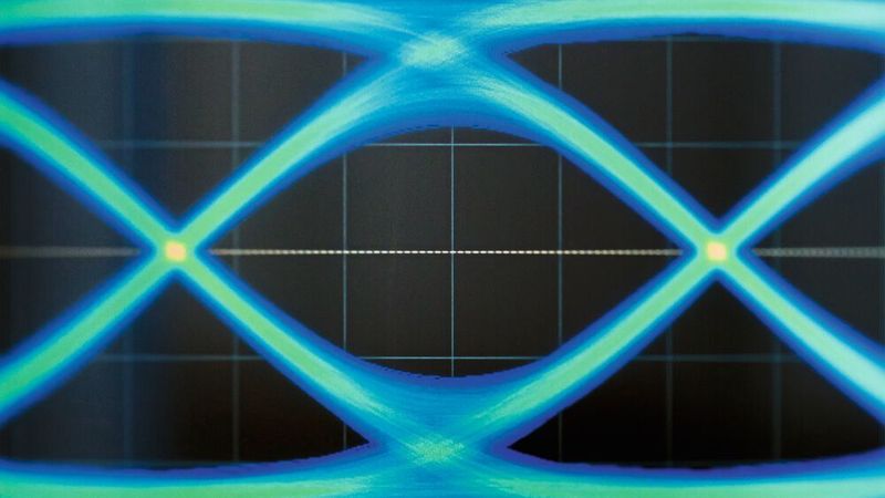 Highspeed-Verbindungsqualität lässt sich u. a. auf das validierte In-Situ-De-Embedding (ISD) von Ataitec mit einem R&S ZNB20 VNA testen. Das Bild zeigt ein beispielhaftes Testergebnis für die Verbesserung des Augendiagramms bei 10 GB/s NRZ-Daten mit EQ.