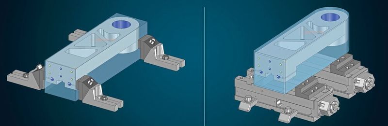 Mit parametrischen CAD-Schablonen lassen sich Änderungen schnell und flexibel steuern: In diesem Beispiel werden Spannmittel und Konturrohteil per Mausklick ausgetauscht.