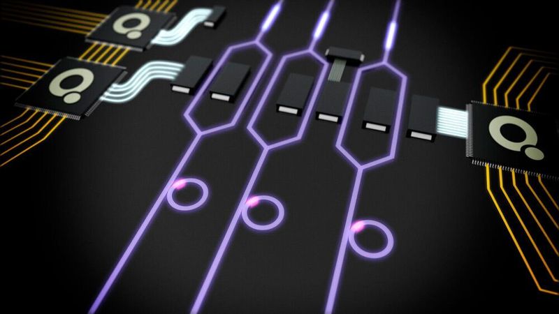 Grafische Darstellung eines photonischen Quantencomputers mit Ringresonatoren als Quantenlichtquellen (violette Kreise), Wellenleitern (violette Linien), elektrisch modulierbaren Mach-Zehnder-Interferometern (Rauten) sowie elektrischen Kontakten (schwarze Kästchen), Chipansteuerung (schwarze ICs mit dem Q-Logo) und Verdrahtung (goldene und weiße Linien).