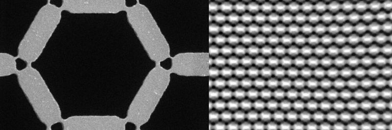 Abbildung: (a) Rasterelektronenmikroskopische Aufnahme von lithografisch erzeugtem künstlichem Kagome-Spin-Eis, das die durch magnetische Brücken asymmetrisch verbundenen Permalloy-Magnete im Nanomassstab zeigt. Die kleinsten Brücken sind nur 10 Nanometer breit. (b) Die resultierende magnetische Ordnung wird mit einem Photoemissions-Elektronenmikroskop an der Synchrotron Lichtquelle Schweiz SLS abgebildet. Aus dem Hell-Dunkel-Kontrast lässt sich die magnetische Konfiguration bestimmen und mit Computersimulationen vergleichen.