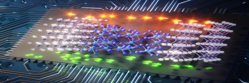 Konzeptzeichnung: Ein Computerchip, der aus einigen Schichten von Atomen (blaue und weiße Kugeln) besteht, die die Josephson-Diode bilden. Die grünen Kugelpaare stellen supraleitende Elektronenpaare dar, die sich in eine Richtung bewegen, während die orangefarbenen Kugeln normal leitende Einzelelektronen darstellen, die sich in die entgegengesetzte Richtung über die Josephson-Diode bewegen.