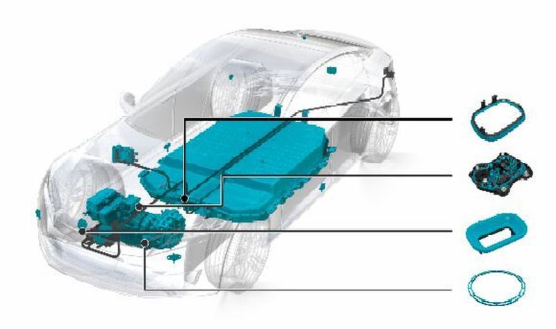 Komponenten aus Flüssigsilikonkautschuk im E-Auto.