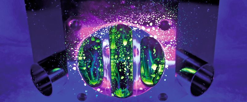 Riboflavin fluorescence in a Robolux multi-port valve body under UV light before (a) and after (b) rinsing with deionized water. After rinsing, no riboflavin can be detected (Picture: Bürkert)
