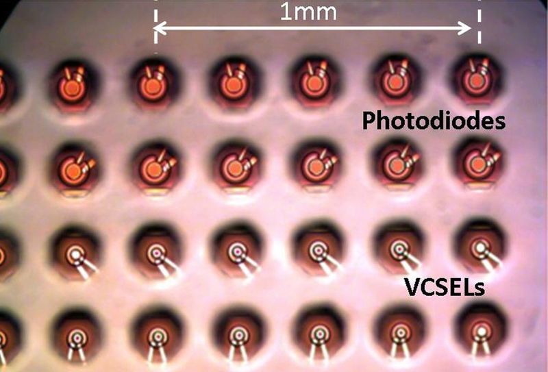Vielfach vergrößert: der Holey Optochip von IBM. Die 24 Photodioden-Arrays (VCSEL) befinden sich auf der Rückseite des Chips. (Bild: IBM)