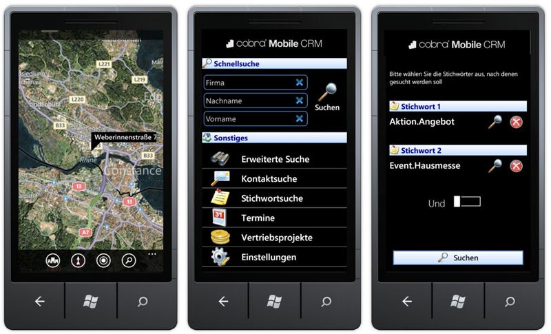 Nutzer von Mobiltelefonen mit Windows-Betriebssystem müssen in nichts nachstehen: Mit Cobra Mobile Windows Phone 7 können sie ihr CRM-System auch von unterwegs auf dem neuesten Stand halten.
