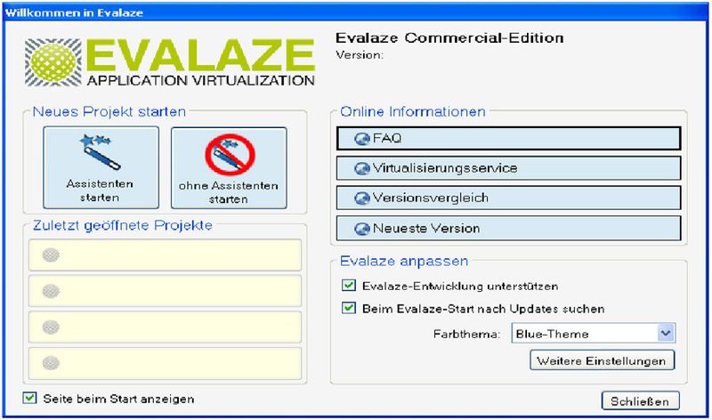 Sreenshot des Willkommensbildschirm von Evalaze, einem Tool zur Applikationsvirtualisierung.