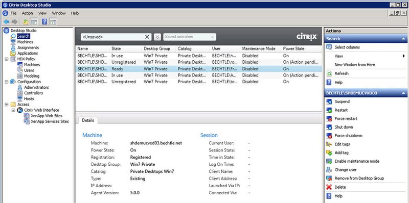 Die Verwaltung der virtuellen Desktops mit dem Citrix Desktop Studio.