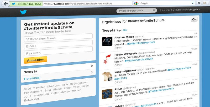Kanalisierte Wut: Twitter-Nutzer machen sich noch immer über die Schufa lustig.