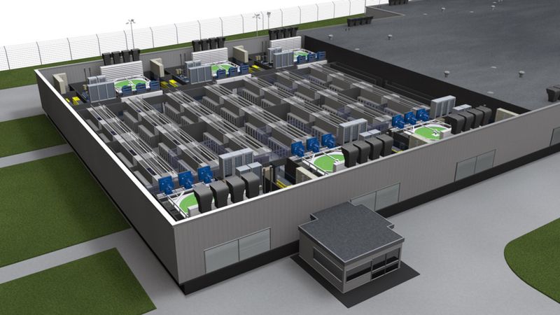 Das Rechenzentrum von Noris Network ist an seiner gesamten Vorder- und Rückseite jeweils mit kombinierten, autarken Klima- und Energiezellen versehen.