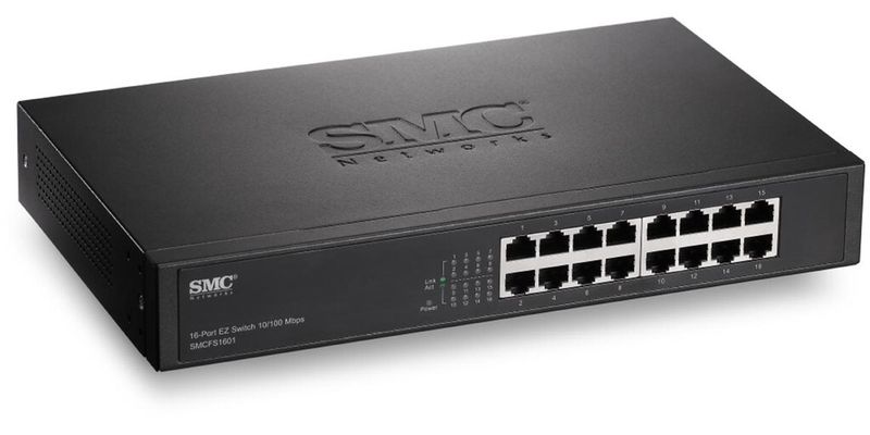 Der SMCFS1601P ist ein 10/100-MBit/s-Fast-Ethernet-PoE+-Switch mit 16 Ports.