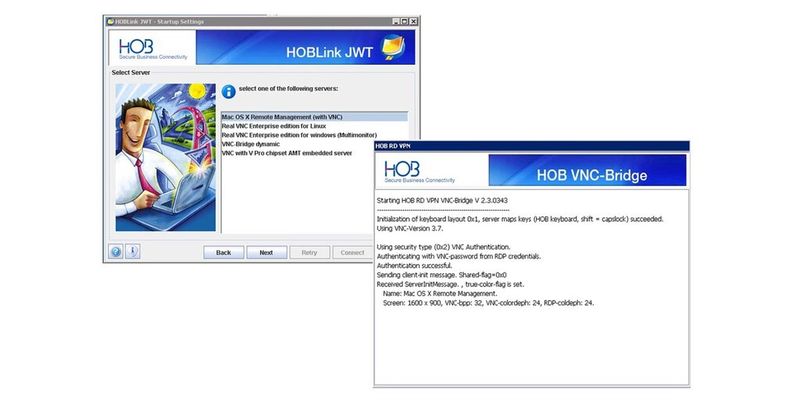 In HOBLink JWT gibt es Auswahlmöglichkeiten für eine Verbindung mittels VNC-Bridge.