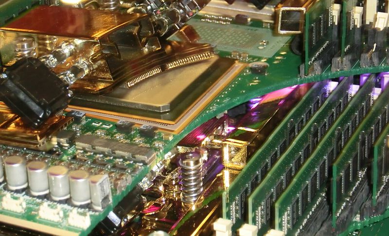 Fujitsu zeigt den Prototypen einer neuen Rechner-Generation, die auf 64-bit-Sparc-Prozessoren basiert, die direkt per Kühlflüssigkeit auf Arbeitstemperatur gebracht werden.