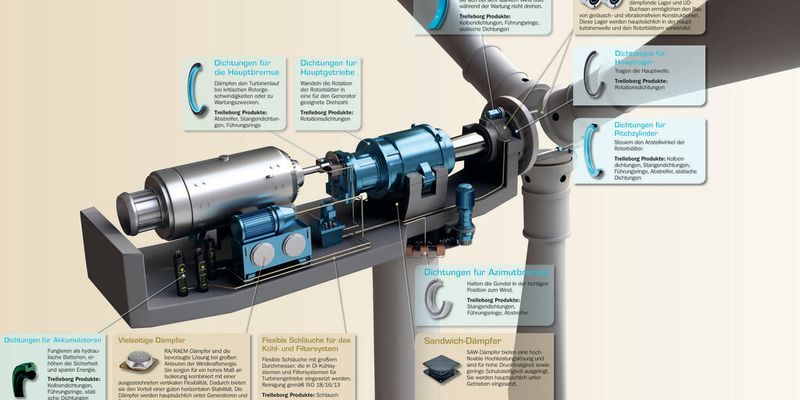 Neben Produkten für die Hauptbremse, das Hauptgetriebe oder das Hauptlager hat Trelleborg Sealing Solutions auch Dichtungen für Pitchzylinder oder die Azimutbremse im Sortiment.