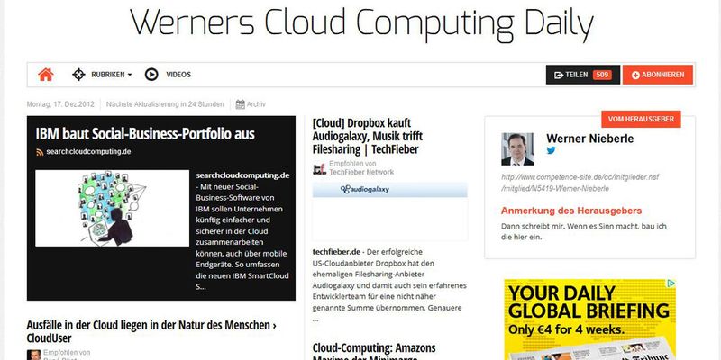 Die Online-Zeitung „Werners Cloud Computing Daily“ erlaubt einen täglichen Blick auf die aktuellsten Meldungen rund um das Thema Cloud, aggregiert mit Paper.li.