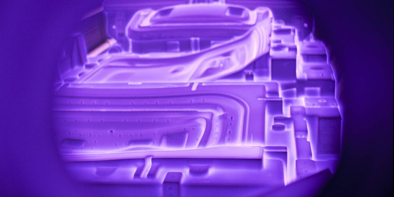 Blick in die Vakuumkammer, das Herzstück der PPDTM-Technologie: Kontinuierlich werden die großen Automobilpresswerkzeuge mit pulsierendem Plasma beschichtet.