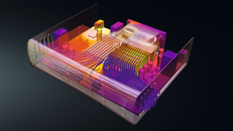 Ingenieurwesen am PC: Autodesk-Software rendert ein Elektronikgehäuses mit Infrarot-Wärmeprofil und Flusslinien.